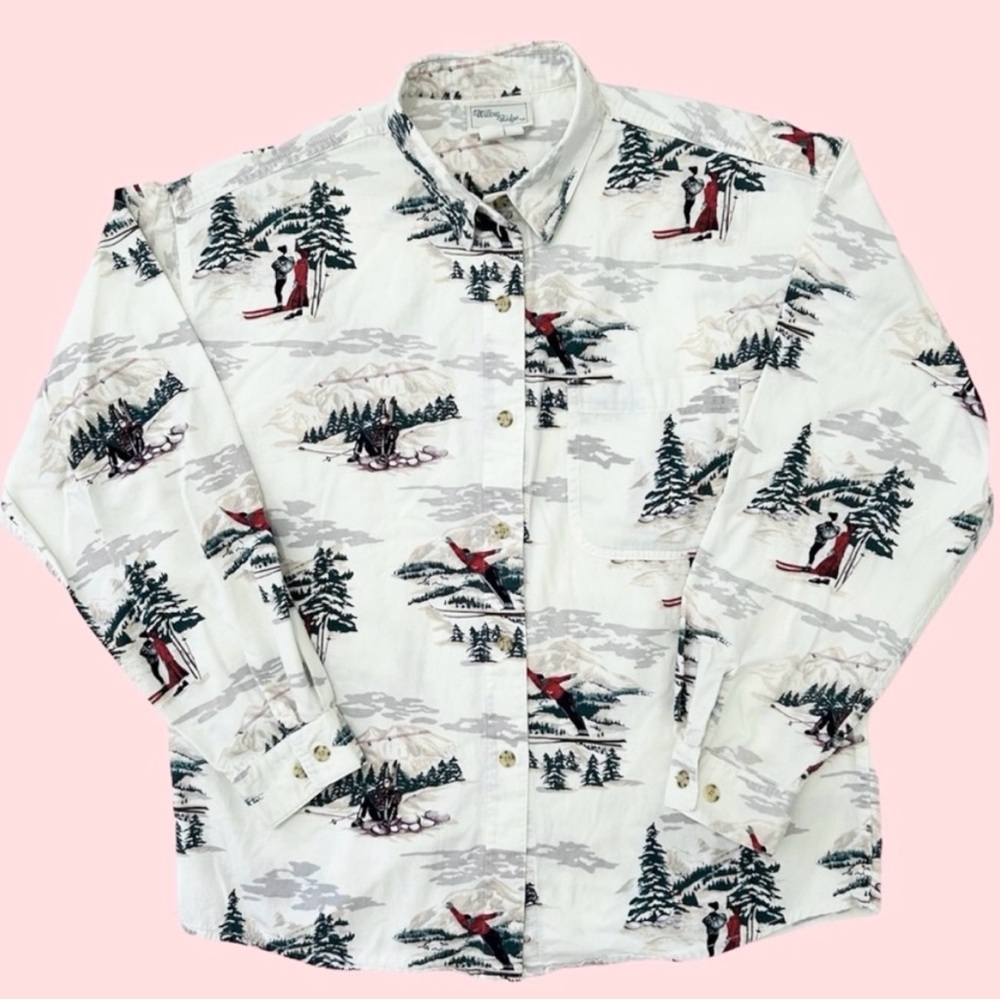 Vintage 90s Willow Ridge AOP Ski Theme Long Sleeve Button Down Medium